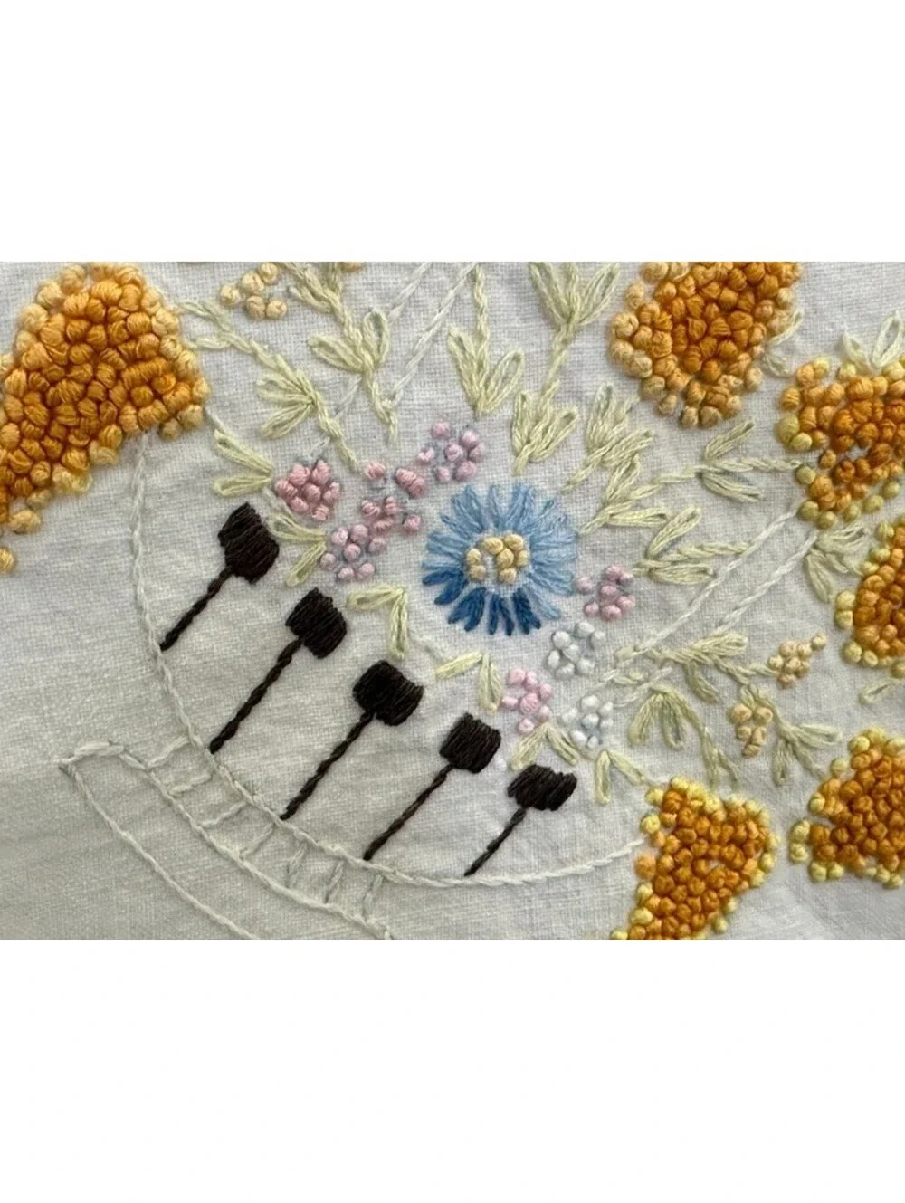 Hand Embroidered Vintage Floral Scalloped Edges Card Table Tablecloth Topper